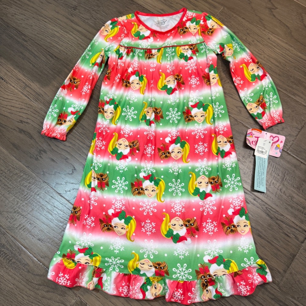 NWT JoJo Siwa Christmas Pajama Dress Holiday Elf Snowflake Long Sleeve M